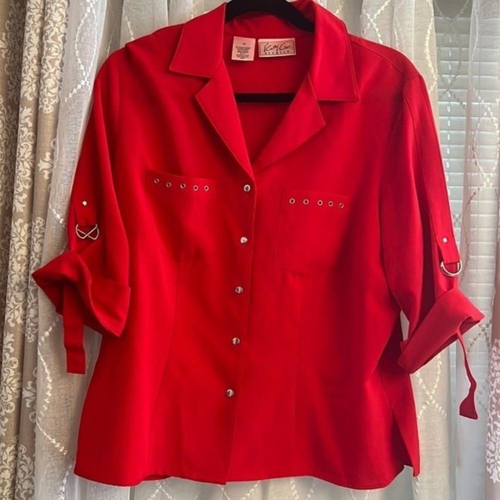 🔥 Kathy Che Red Stretch Button Down Top – Size 14